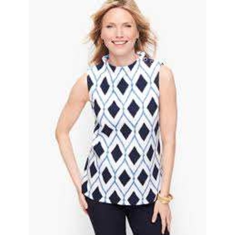 Talbots Womens Large Blue White Diamond Ikat‎ Knit Sleeveless Boat Neck Top L